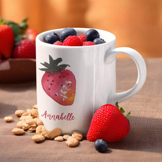 Elegant Personlig Röda vattenfärgsjordgubbar Kaffemugg (This strawberry mug features my hand-painted watercolor berry, plus your name in chic retro script.)