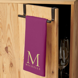 Elegant Personlig Vin Färg Och Guld Monogram Kökshandduk