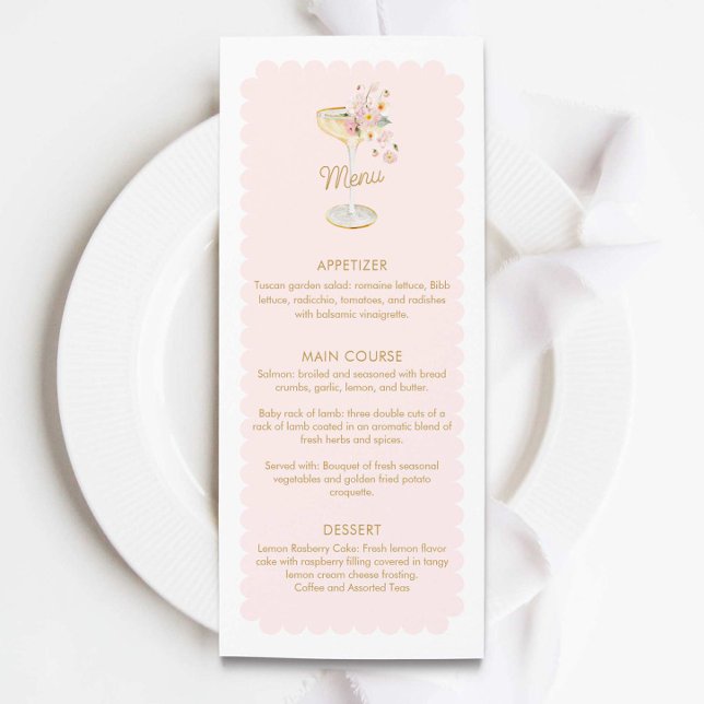 Elegant Petals och Prosecco Möhippa Menu Meny (Pink Petals and Prosecco Menu Card)