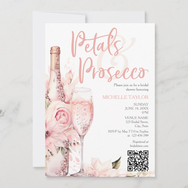 Elegant Petals & Prosecco Boho  Rosa QR-kod Inbjudningar (Framsida)