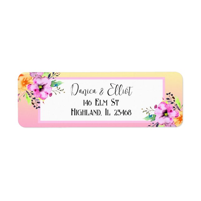 Elegant Petunias Blommigt Gult och Rosa Returadress Etikett (Framsidan)