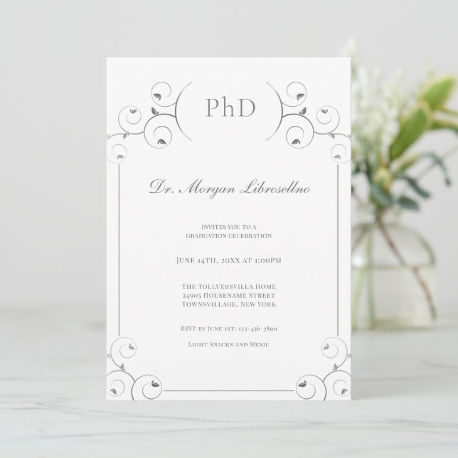 Elegant PhD Silver White-Studentfest Inbjudningar (Stående Fram)