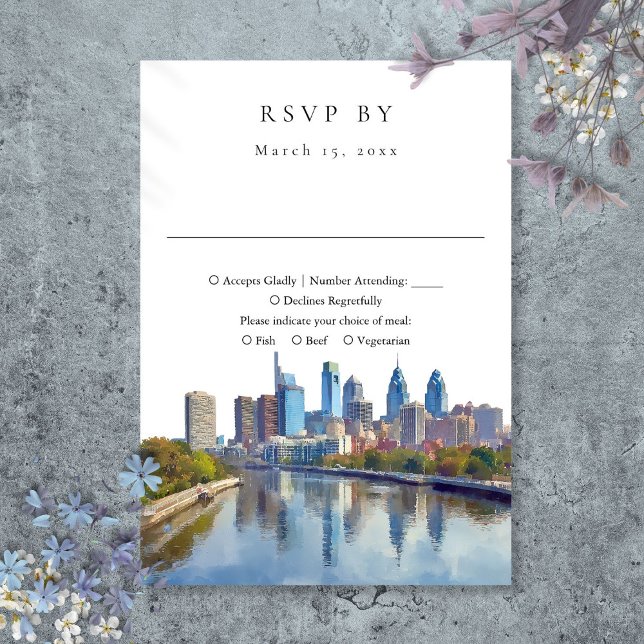 Elegant Philadelphia Skyline Watercolor Bröllop OSA Kort (Elegant Philadelphia Skyline Watercolor Wedding RSVP Card)