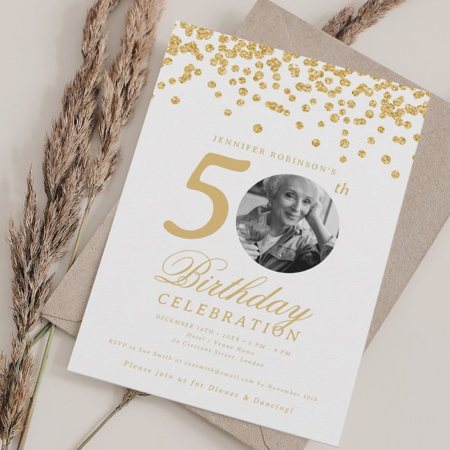 Elegant Photo 50 Birthday Guld Confetti Inbjudningar (Elegant Photo 50th Birthday Gold Confetti Invitation)