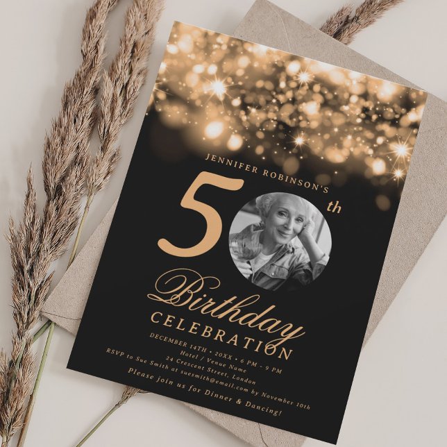 Elegant Photo 50 Birthday Guld Midnight Glam Inbjudningar (Elegant Photo 50th Birthday Gold Midnight Glam Invitation)