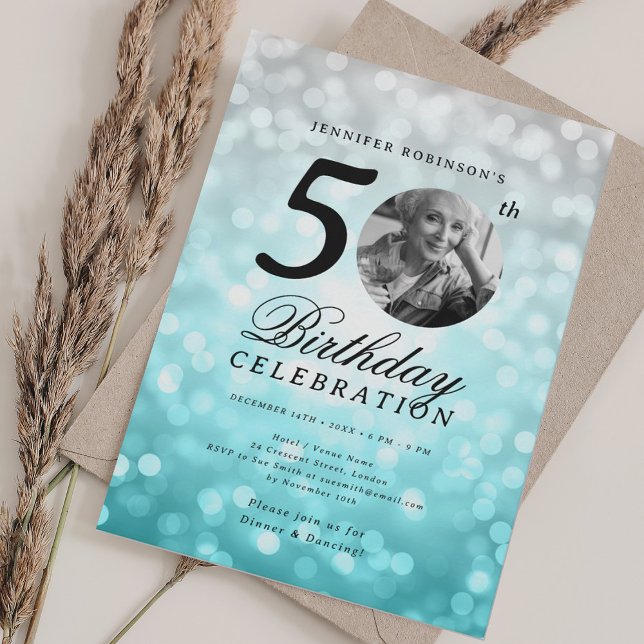 Elegant Photo 50 Birthday Silver Turquise Ombre Inbjudningar (Elegant Photo 50th Birthday Silver Turquoise Ombre Invitation)
