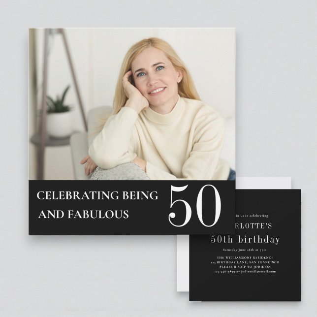 Elegant Photo 50th Birthday Black White Invitation Inbjudningar (Skapare uppladdad)