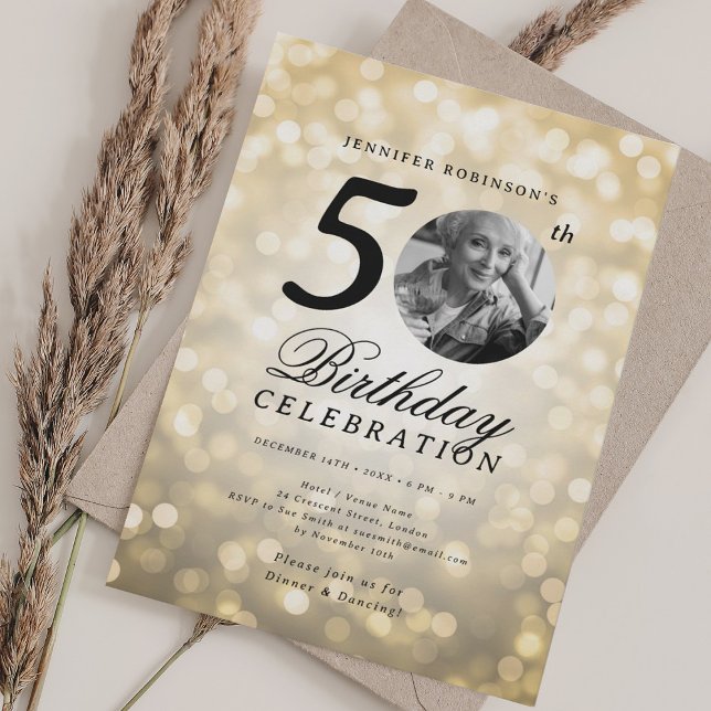 Elegant Photo 50th Birthday Party Gold Bokeh Inbjudningar (Skapare uppladdad)