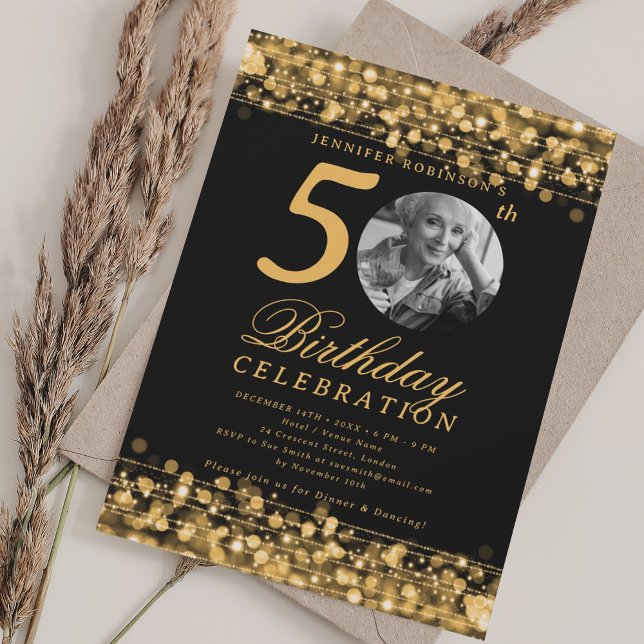 Elegant Photo 50th Birthday Party Gold Lights Inbjudningar (Elegant Photo 50th Birthday Party Gold Lights Invitation)