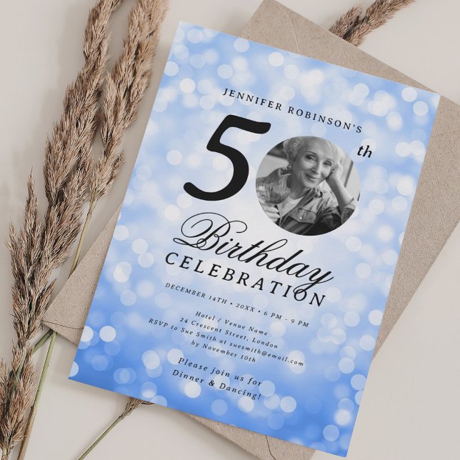 Elegant Photo 50th Birthday Party Navy Bokeh Inbjudningar (Elegant Photo 50th Birthday Party Navy Bokeh Invitation)