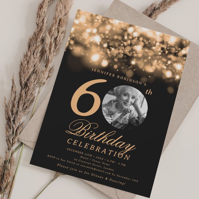 Elegant Photo 60 Birthday Guld Midnight Glam Inbjudningar (Elegant Photo 60th Birthday Gold Midnight Glam Invitation)