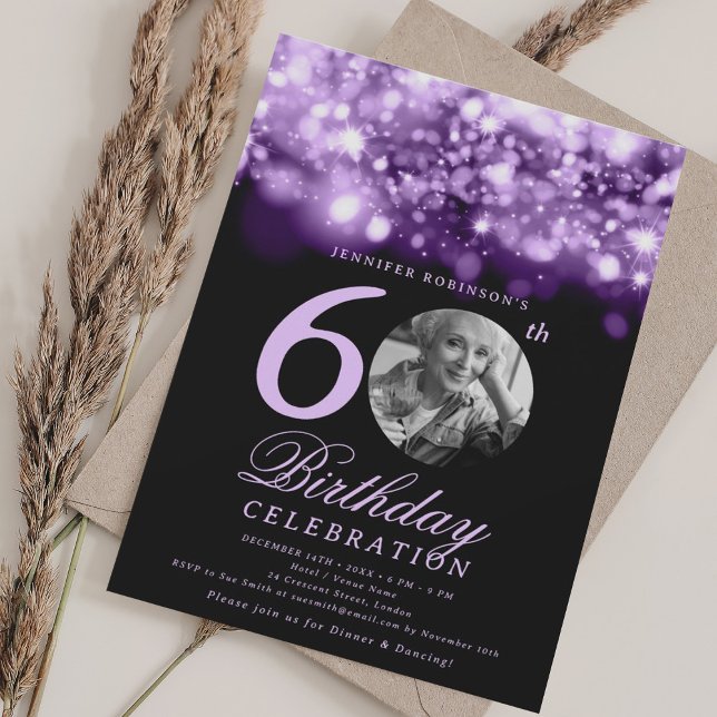 Elegant Photo 60 Birthday Lila Midnight Glam Inbjudningar (Elegant Photo 60th Birthday Purple Midnight Glam Invitation)