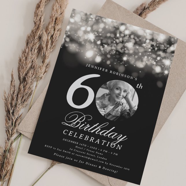 Elegant Photo 60 Birthday Silver Midnight Glam Inbjudningar (Elegant Photo 60th Birthday Silver Midnight Glam Invitation)