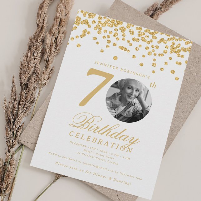 Elegant Photo 70 Birthday Guld Confetti Inbjudningar (Elegant Photo 70th Birthday Gold Confetti Invitation)