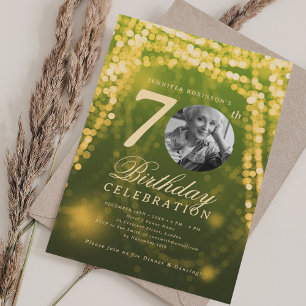 Elegant Photo 70 Birthday Guld Grönt Glam Ljus Inbjudningar