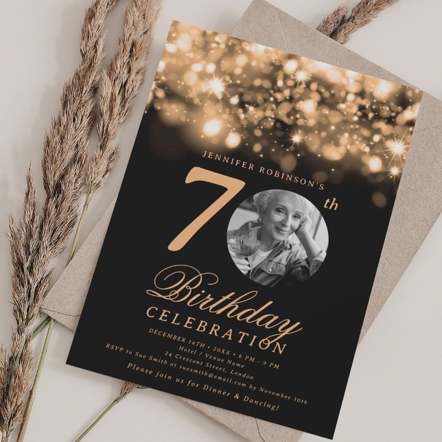 Elegant Photo 70 Birthday Guld Midnight Glam Inbjudningar (Elegant Photo 70th Birthday Gold Midnight Glam Invitation)