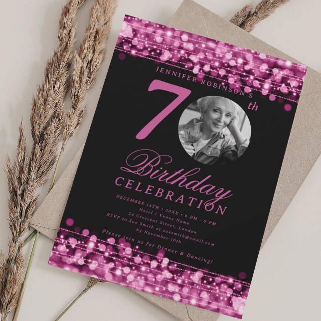 Elegant Photo 70:e Födelsedagsfesten Ljus Inbjudningar (Elegant Photo 70th Birthday Party Hot Pink Lights Invitation)