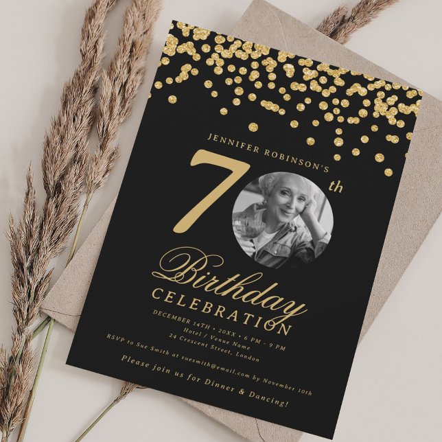 Elegant Photo 70th Birthday Gold Black Confetti Inbjudningar (Elegant Photo 70th Birthday Gold Black Confetti Invitation)