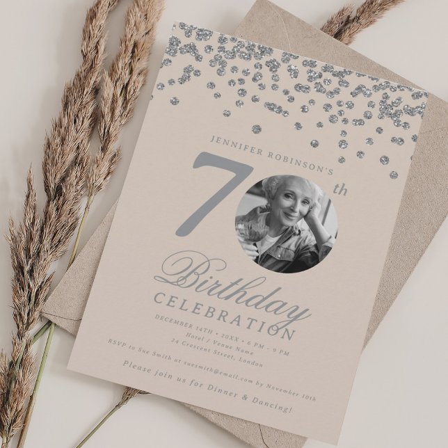 Elegant Photo 70th Birthday Silver Champagne Inbjudningar (Elegant Photo 70th Birthday Silver Champagne Invitation)