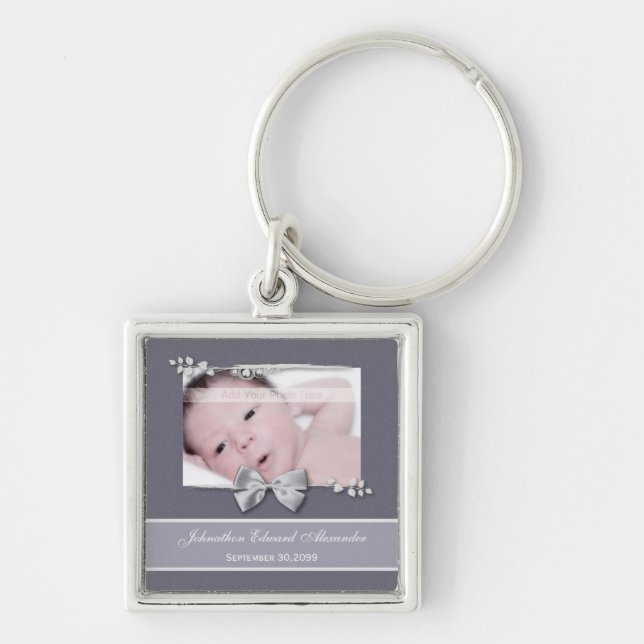 Elegant Photo Birth Announcement Silver Ribbon Fyrkantig Silverfärgad Nyckelring (Framsidan)