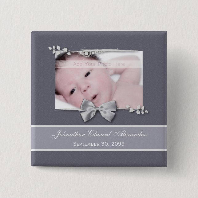 Elegant Photo Birth Announcement Silver Ribbon Knapp (Framsida)