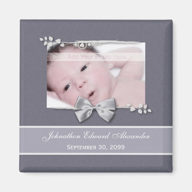 Elegant Photo Birth Announcement Silver Ribbon Magnet (Framsidan)