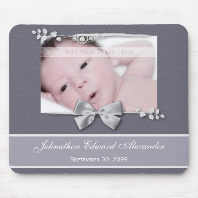 Elegant Photo Birth Announcement Silver Ribbon Musmatta (Framsidan)