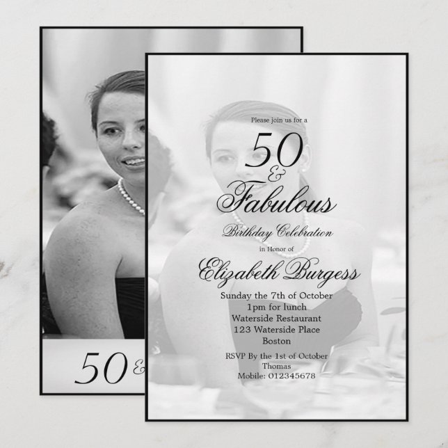 Elegant Photo Black and White 50 och Fabulous Inbjudningar (Fram/baksida)