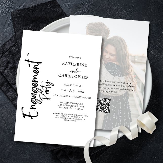 Elegant Photo Black and White-Förlovningsfest Inbjudningar (Black and White Wedding Engagement Party Invitation with Couple Photo, QR Code, Website.)