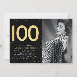 Elegant Photo Black Guld 100:e Födelsedagsfesten Inbjudningar