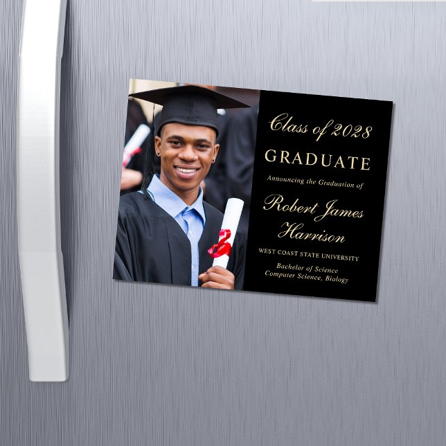Elegant Photo Black Guld College Graduation Magnetisk Inbjudningskort (Skapare uppladdad)