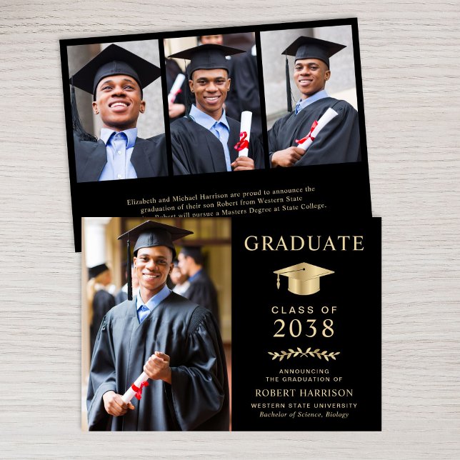Elegant Photo Black Guld College Graduation Meddelande (An elegant college graduation announcement to celebrate the graduate's achievements)