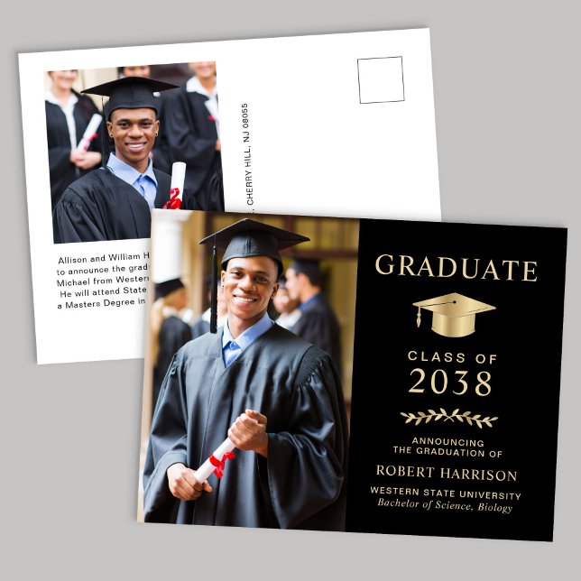 Elegant Photo Black Guld College Graduation Meddelande Vykort (An elegant college graduation announcement to celebrate the graduate's achievements)