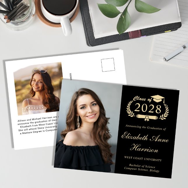 Elegant Photo Black Guld Studenten Vykort (Our user-friendly template makes it a breeze to upload your photo and personalize your announcement)