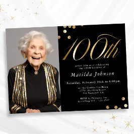 Elegant Photo Black och Guld 100:e födelsedagen Inbjudningar