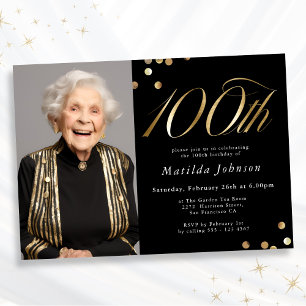 Elegant Photo Black och Guld 100:e födelsedagen Inbjudningar