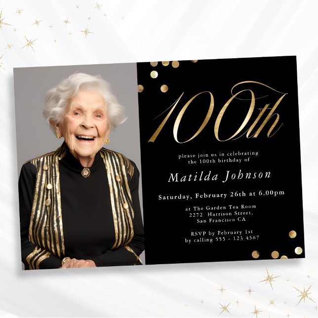Elegant Photo Black och Guld 100:e födelsedagen Inbjudningar (Mockup View)