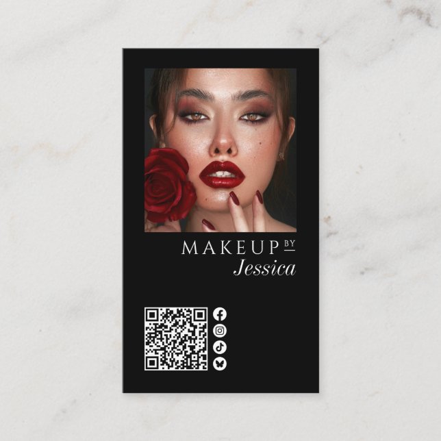 Elegant Photo Black QR Code Social Icons Makeup Visitkort (Framsida)