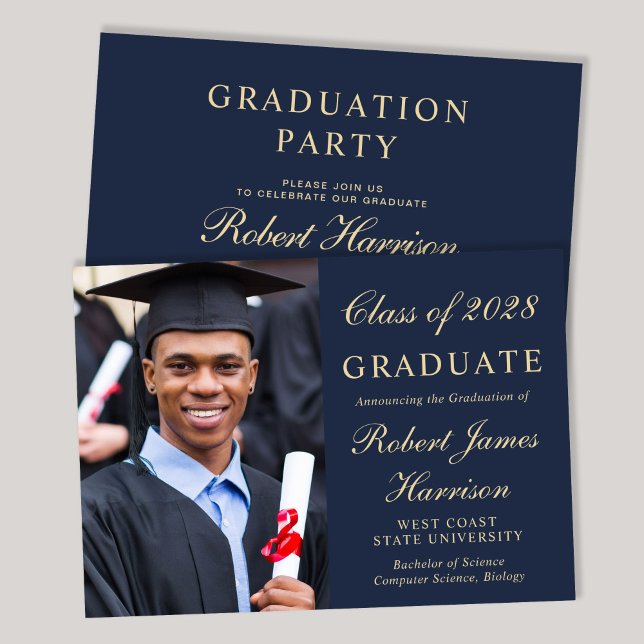 Elegant Photo Blue College Graduation Party Inbjudningar (An elegant college graduation party invitation to celebrate the graduate's achievements)