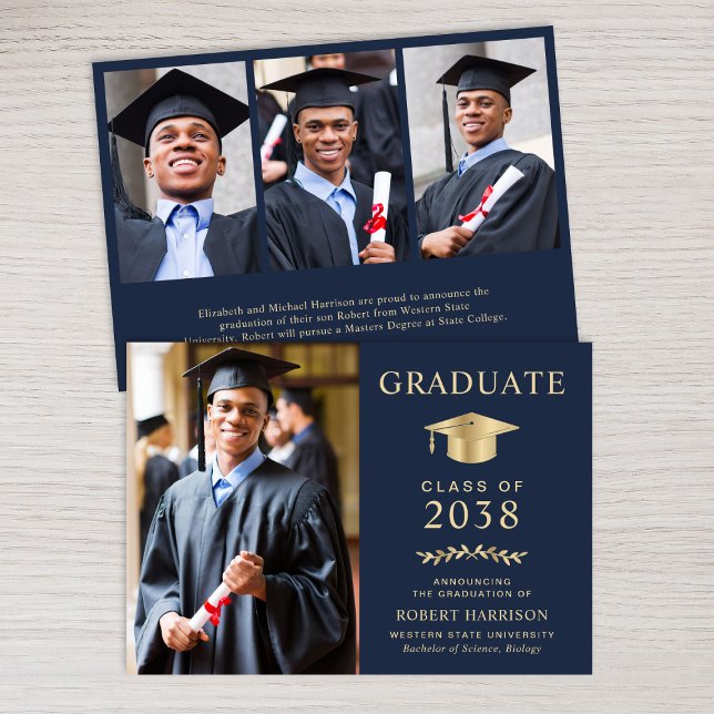 Elegant Photo Blue Guld College Graduation Meddelande (An elegant college graduation announcement to celebrate the graduate's achievements)