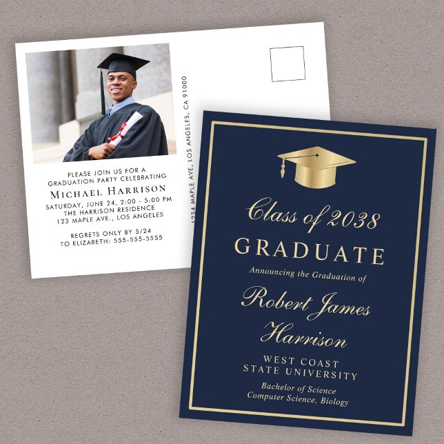 Elegant Photo Blue Guld College Graduation Party Inbjudan Vykort (An elegant college graduation party invitation to celebrate the graduate's achievements)