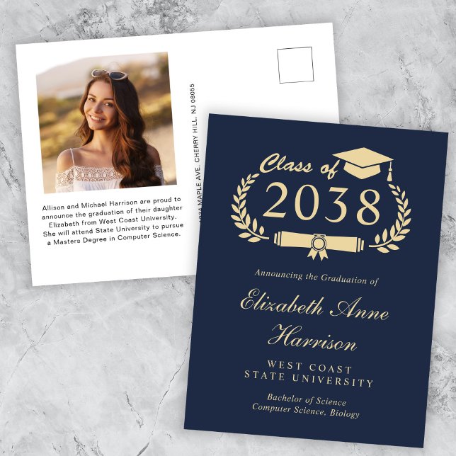 Elegant Photo Blue Guld Studenten meddelande Vykort (An elegant college graduation announcement to celebrate the graduate's achievements)