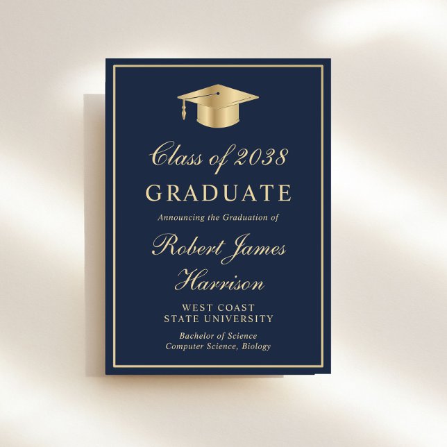 Elegant Photo Blue Guld Studentfest Inbjudningar (An elegant college graduation party invitation to celebrate the graduate's achievements)