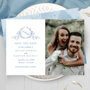 Elegant Photo Blue Monogram Bröllop spara datum Datumet