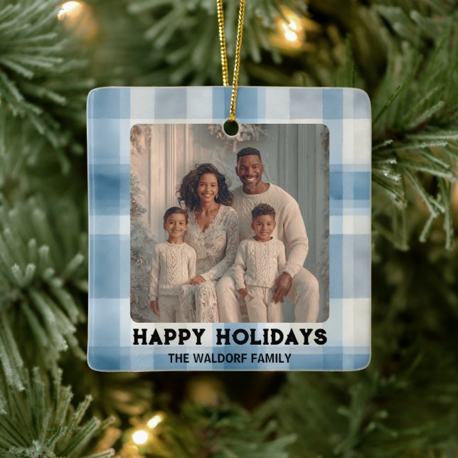 Elegant Photo Blue Plaid Christmas Ornament  (Träd)