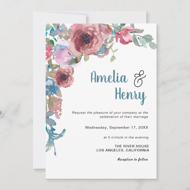 Elegant Photo Blue Rosa Watercolor Blommigt Bröllo Inbjudningar (Framsida)