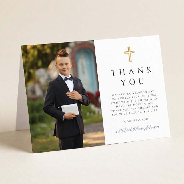 Elegant Photo Boy First Communion Folded Tack Kort (Elegant Photo Boy First Communion Folded Thank You Card)