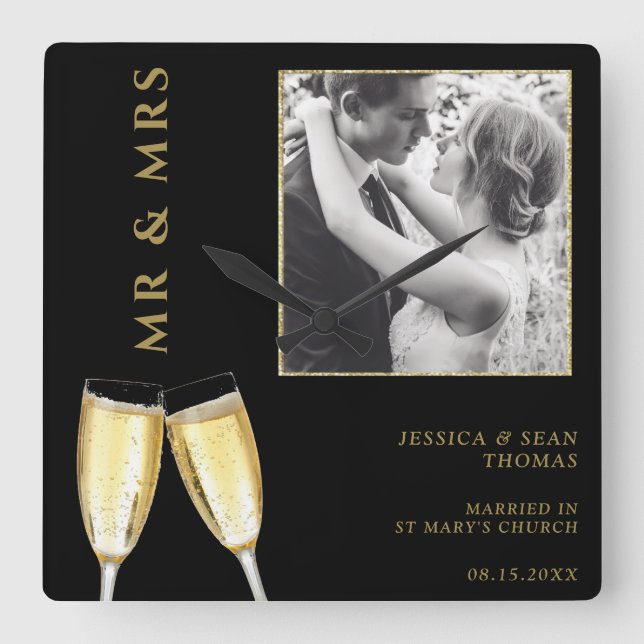 Elegant Photo, Bröllop Champagne Fyrkantig Klocka (Framsida)