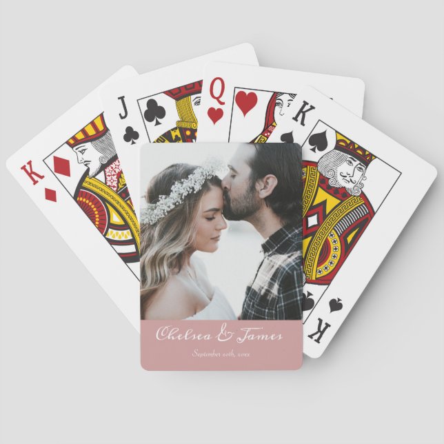 Elegant Photo Calligraphy Bröllop Dusty Rosa Casinokort (Baksidan)