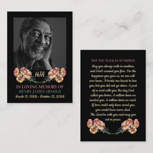 Elegant Photo, Carnation Flowers, Prayer Card Visitkort (Fram/baksida)